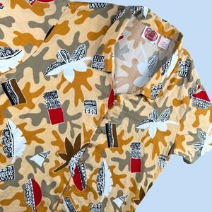 Vintage‎ Rosey Tomato Hawaiian Shirt Women 20/40 Yellow Abstract Tribal 90s Tiki
